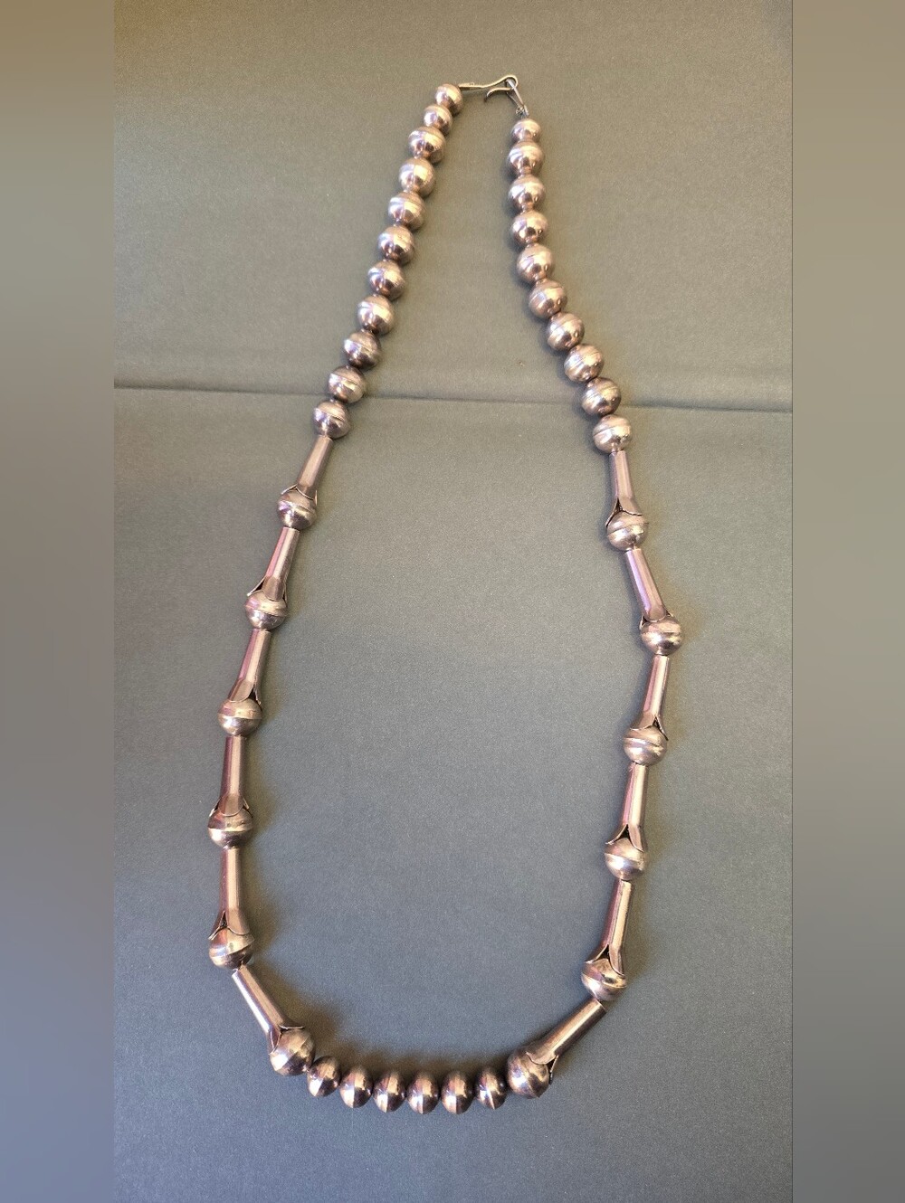 VTG Pre-1970 Heavy Sterling Silver Melon Bench Bead Necklace 28" Navajo Pearls